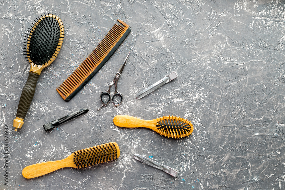 hair cutting preparation with hairdresser tools on desk background top view mockup