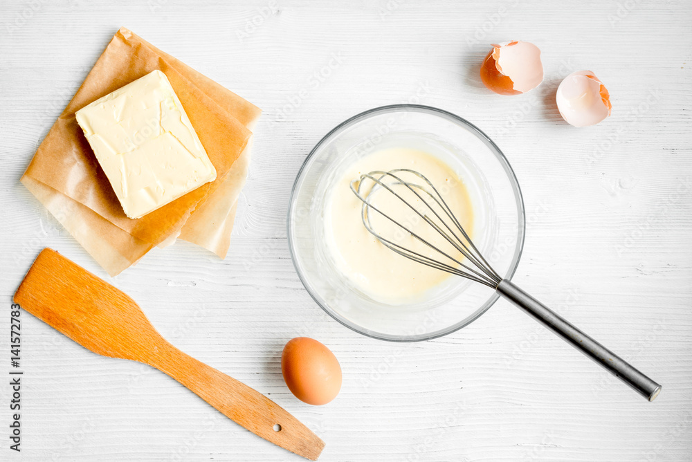 cooking pancake on white background top view ingredients for making