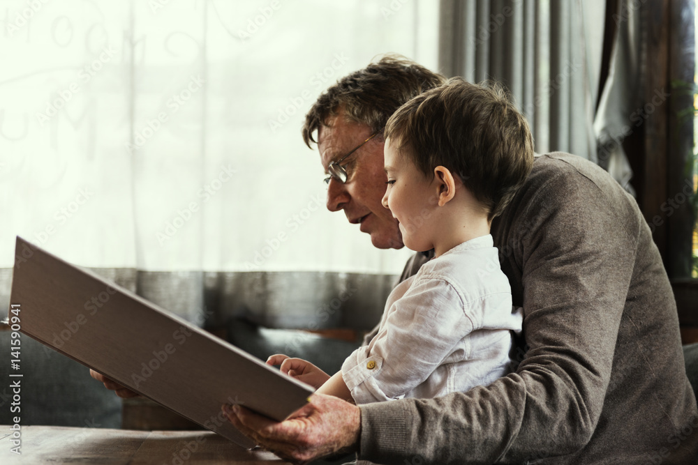 Grandfather Grandson Family Reading Leisure