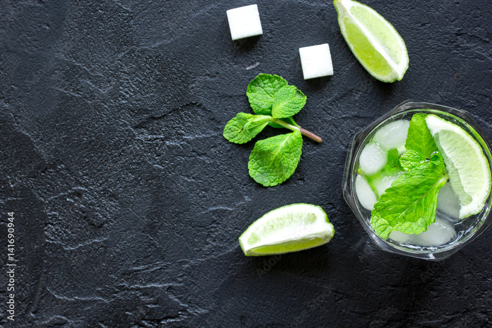 making mojito on dark background top view