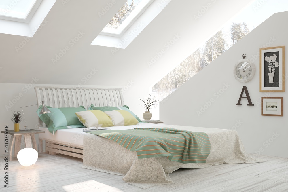 White bedroom with winter landscape in window. Scandinavian interior design. 3D illustration