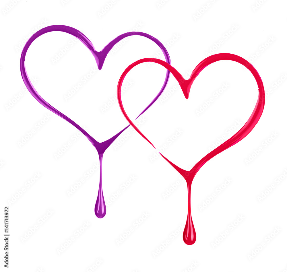 Stylized two hearts with drops made with nail polish on white background