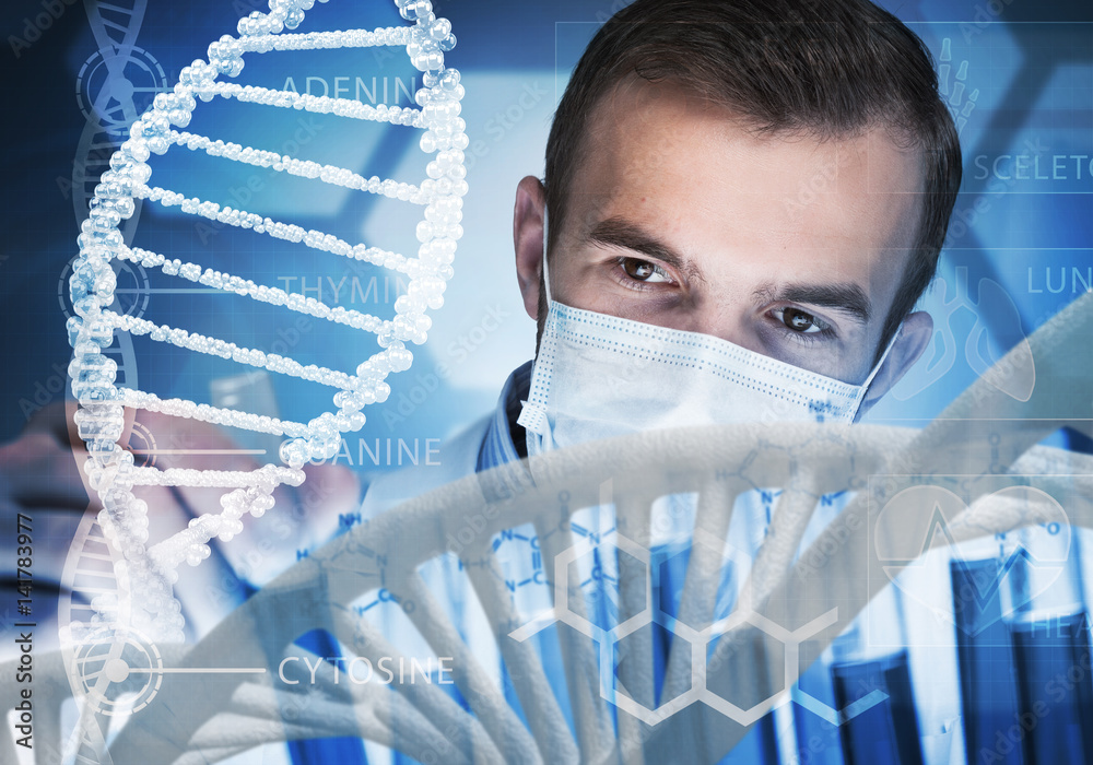 Portrait of concentrated male scientist working with reagents in laboratory