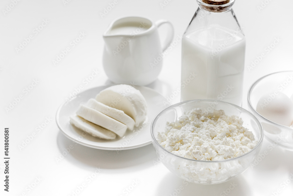 proteic breakfast concept with dairy products on table