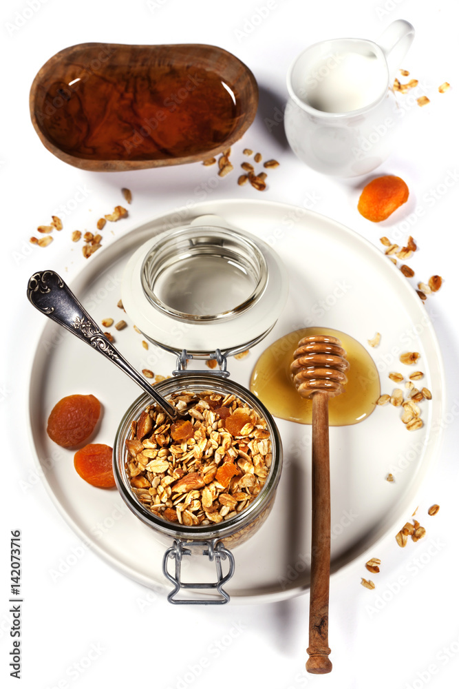 Healthy breakfast -  Homemade granola, honey and milk