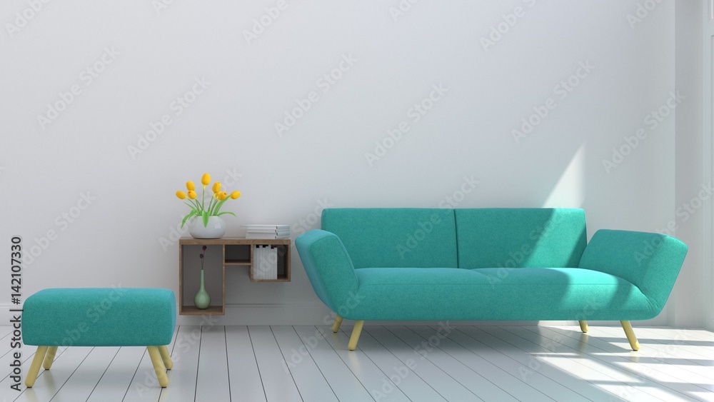 Living Room Interior with sofa, plants on empty white wall background. 3D rendering