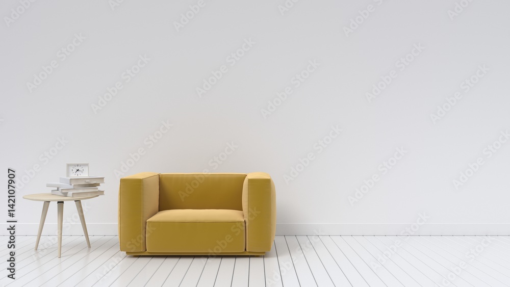 Living room with sofa yellow with white wall,3D rendering