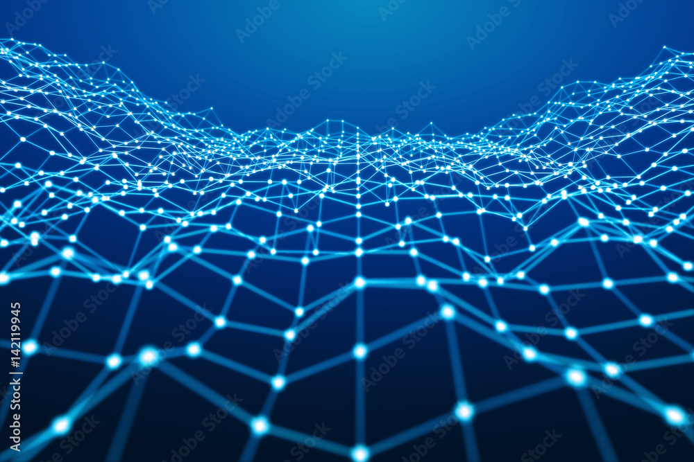 Floating white and blue dot network 3D rendering