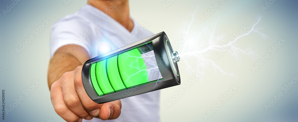 Man touching 3D render battery with lightning with his finger