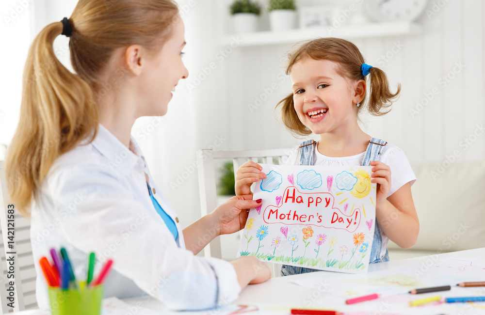 child girl painted postcard for mom to mothers day