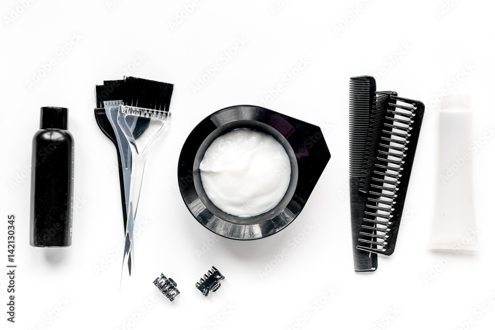 hair care concept with dye tools on white background top view