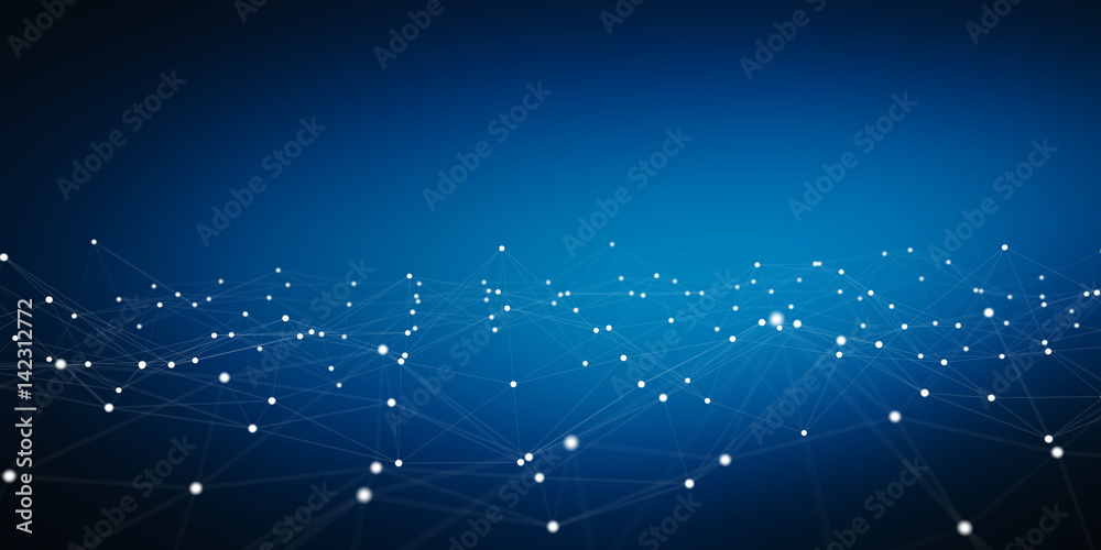 Floating white and blue dot network 3D rendering