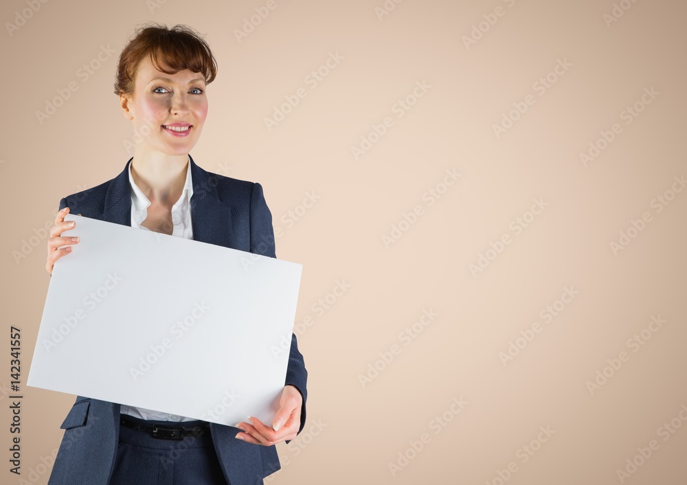 Business woman with blank card against cream background