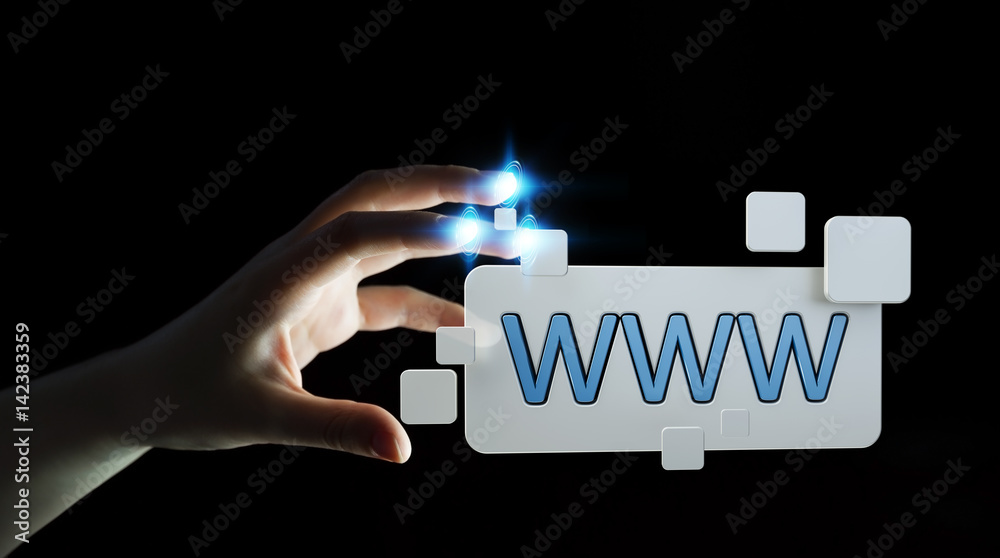 Businesswoman surfing on internet using tactile web address bar 3D rendering