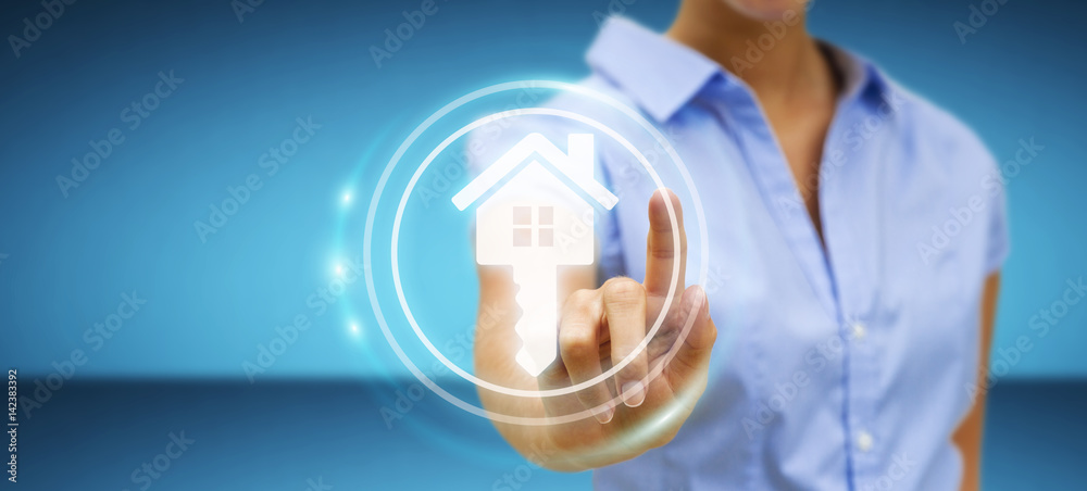 Businesswoman touching 3D rendering icon house with her finger