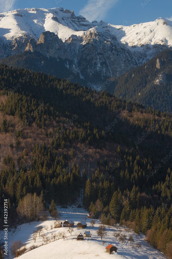 Beautiful winter mountain landscape with snowflakes in frosty winter day. Carpathian wild mountains.