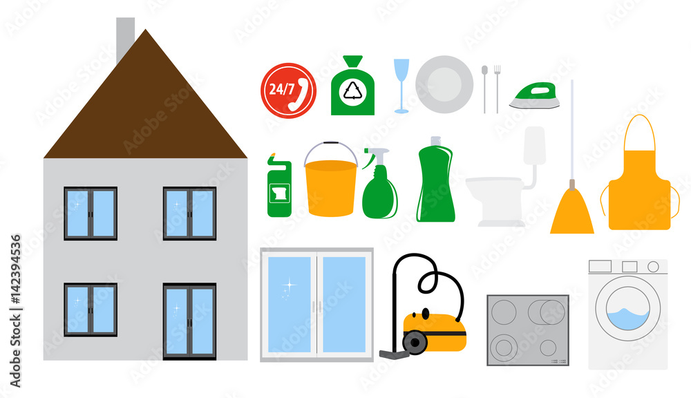 House Cleaning Tools Icon Set on Modern Flat Style. Vector Illus