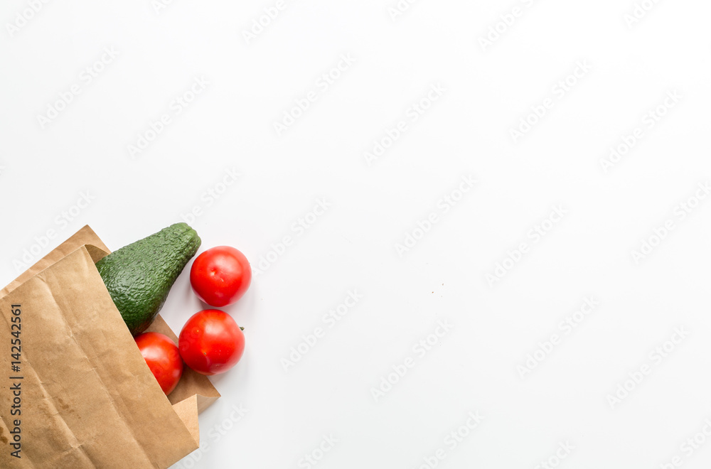 Healthy food in package on white table background top view mock up