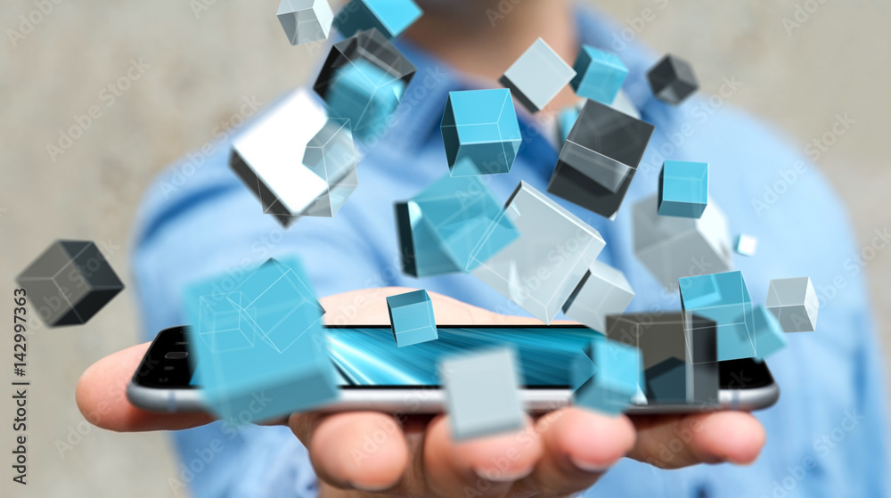 Businessman holding floating blue shiny cube network 3D rendering