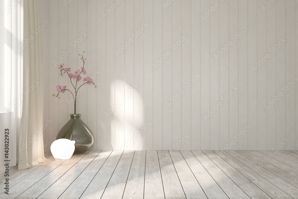 White empty modern room with flower. Scandinavian interior design. 3D illustration