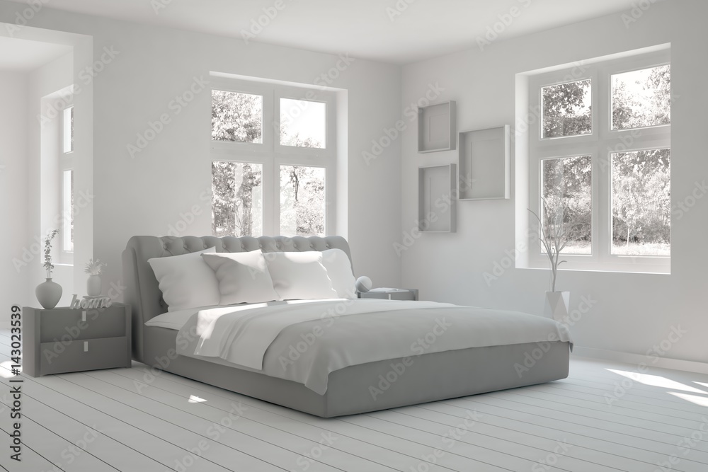 White bedroom and grey landscape in window. Scandinavian interior design. 3D illustration