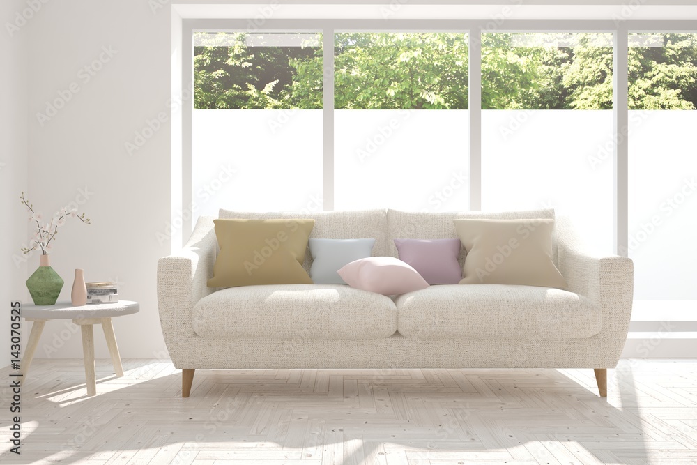 White room with sofa and green landscape in window. Scandinavian interior design. 3D illustration