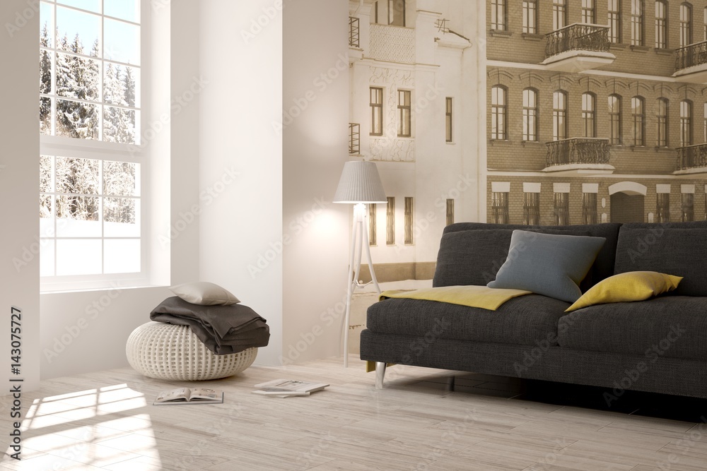 White room with sofa and winter landscape in window. Scandinavian interior design. 3D illustration