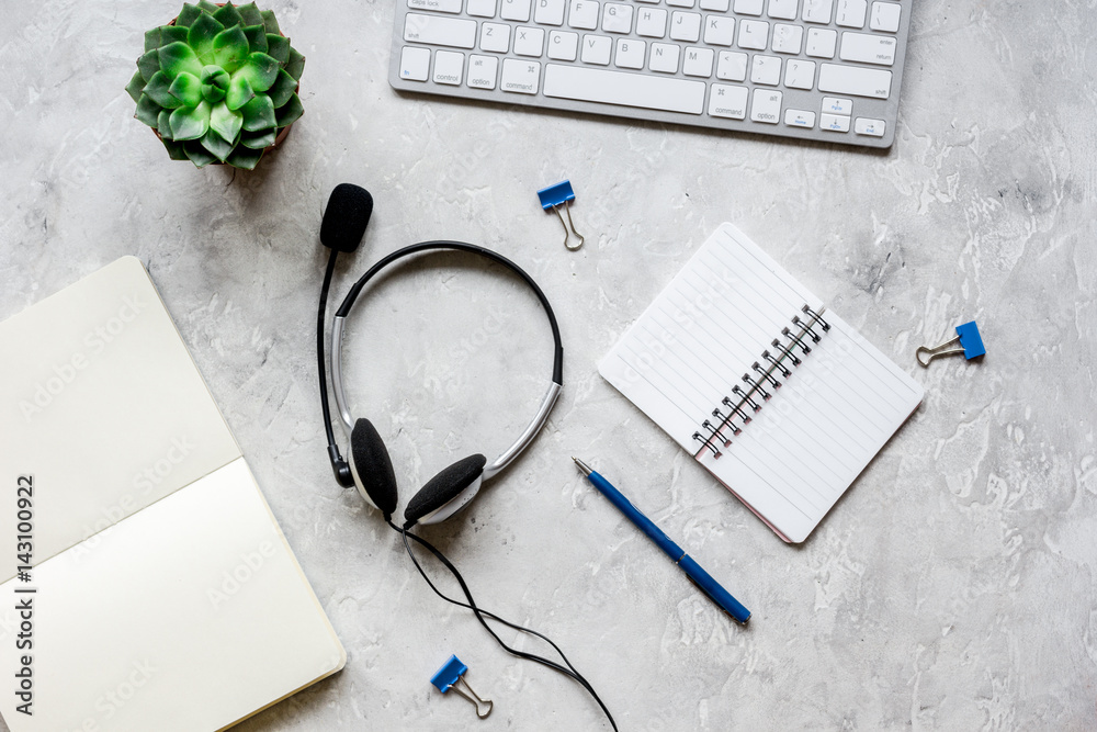 Call center support table with headset and keyboard top view