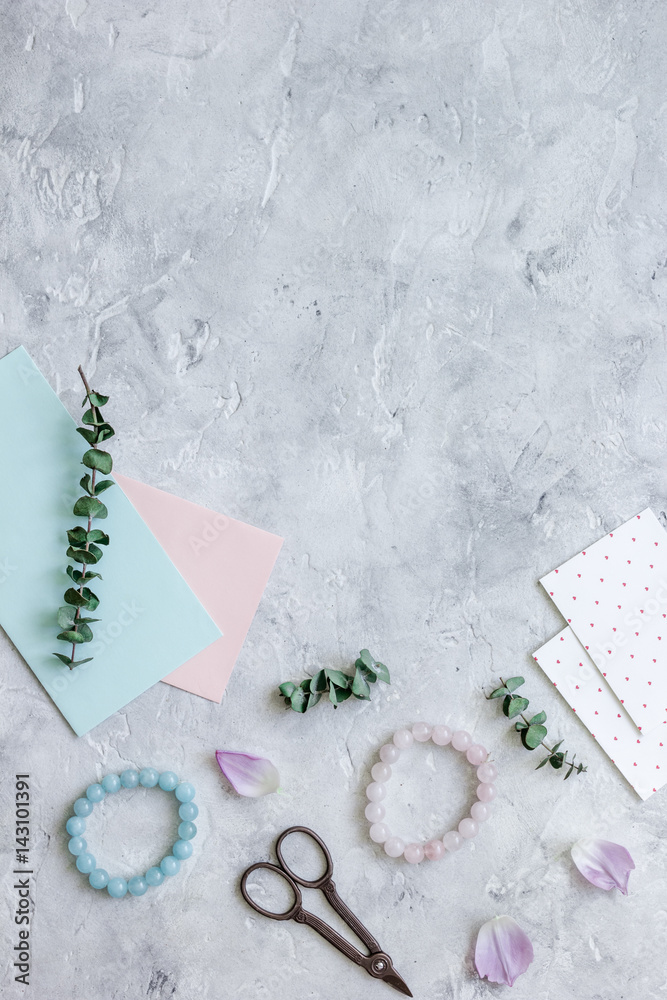 cards and envelopes in holiday concept on gray background top view mockup