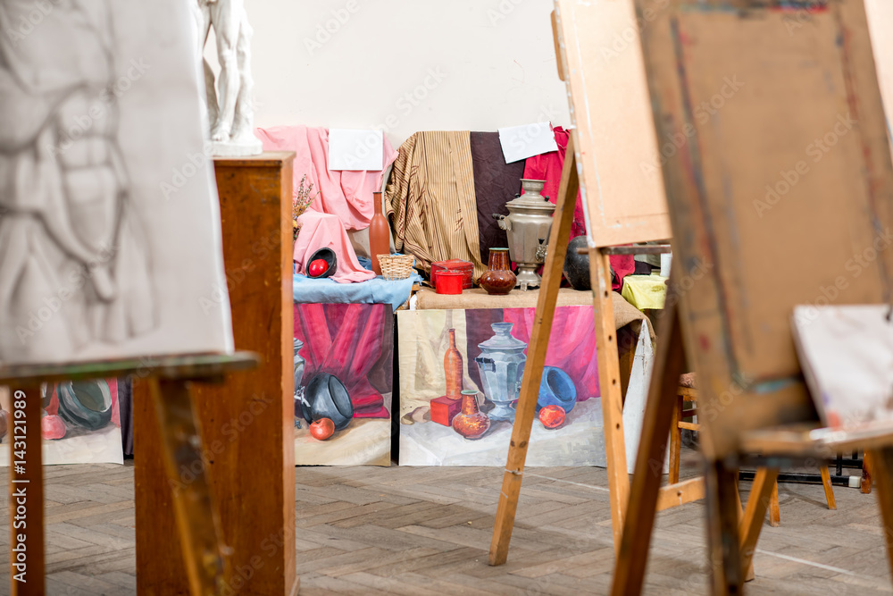 Creative studio with easels and still life for painting