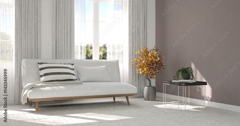 White room with sofa and green landscape in window. Scandinavian interior design. 3D illustration