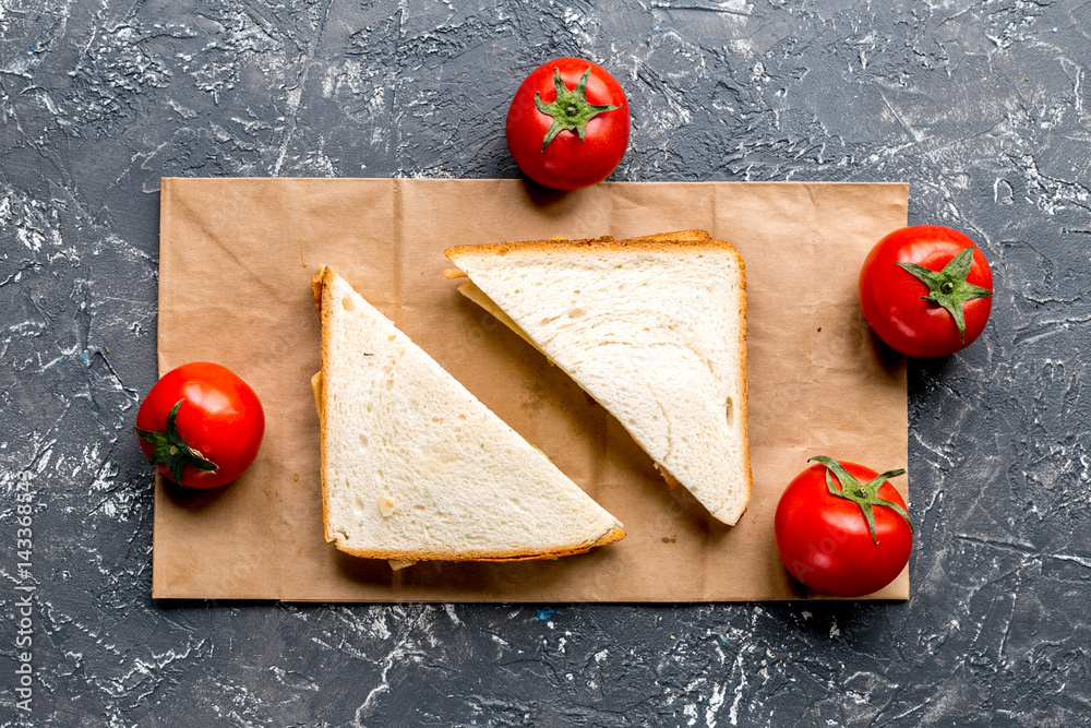 Store concept with bread and tomato table background top view