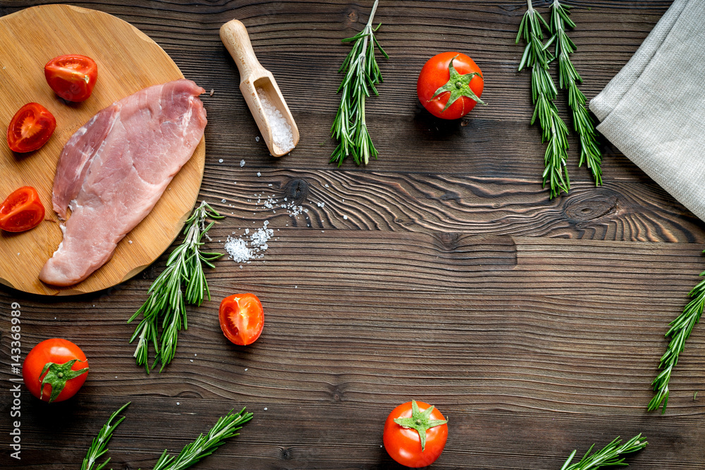 pork steak in home food concept on wooden background top view mockup