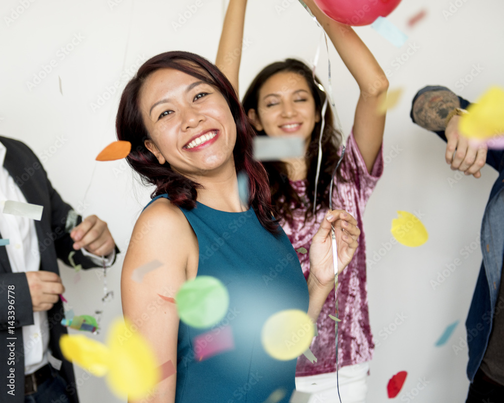 Group of Diverse People with Party Balloons Confetti