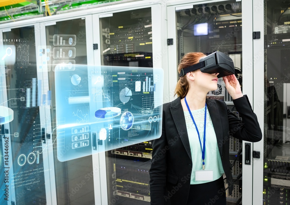 Woman wearing VR Virtual Reality Headset with Interface