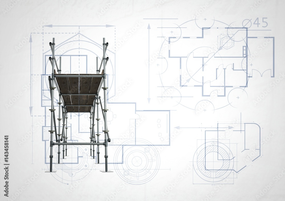 front of 3D scaffolding with white and blueprint background