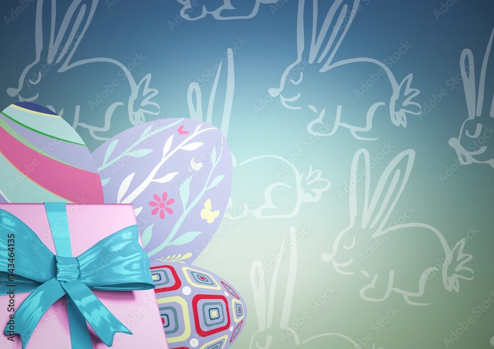 pink gift and purple eggs against blue green easter pattern