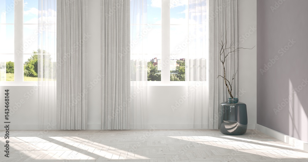 White empty room with green landscape in window. Scandinavian interior design. 3D illustration