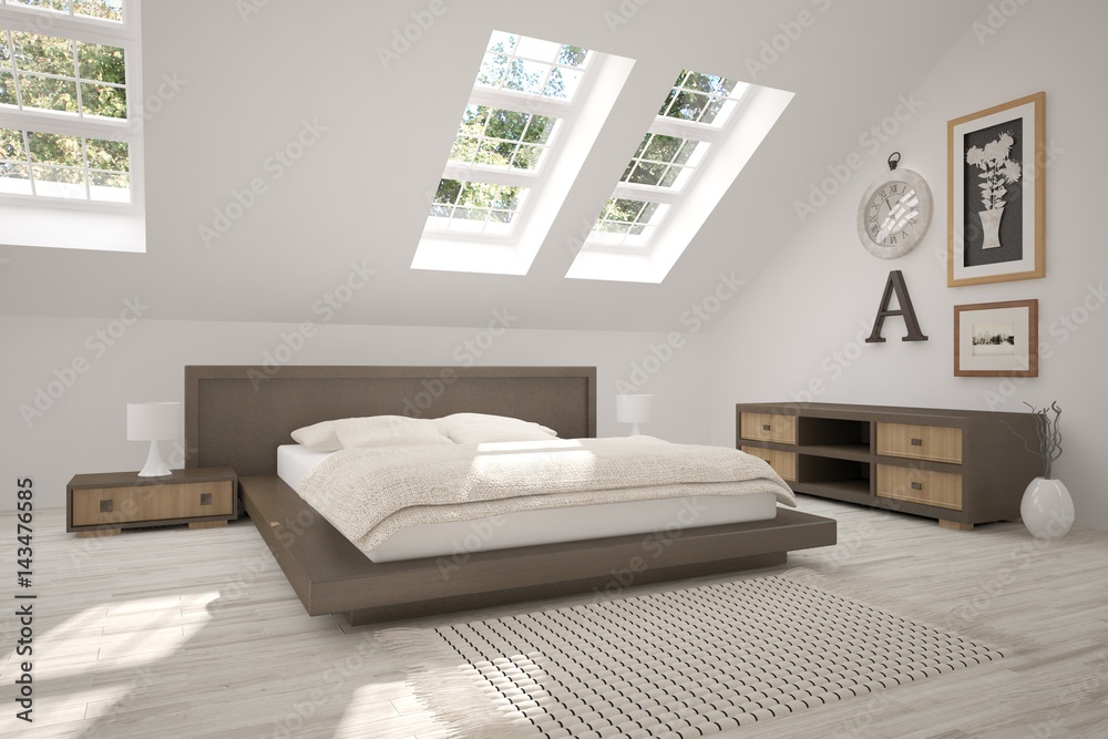 White bedroom with green landscape in window. Scandinavian interior design. 3D illustration