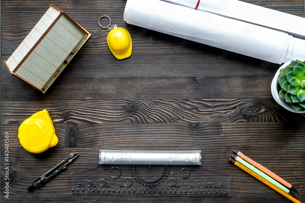 Construction office with architect tools on wooden background top view mock up