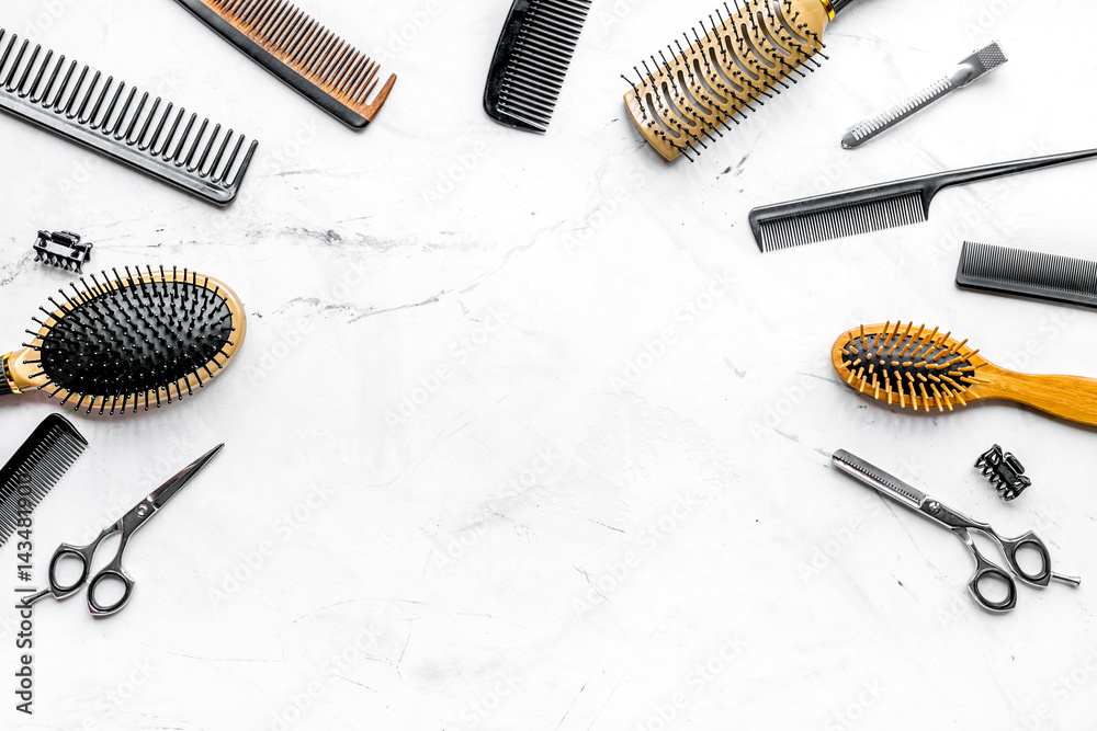 hairdresser working desk with tools on white background top view mock up