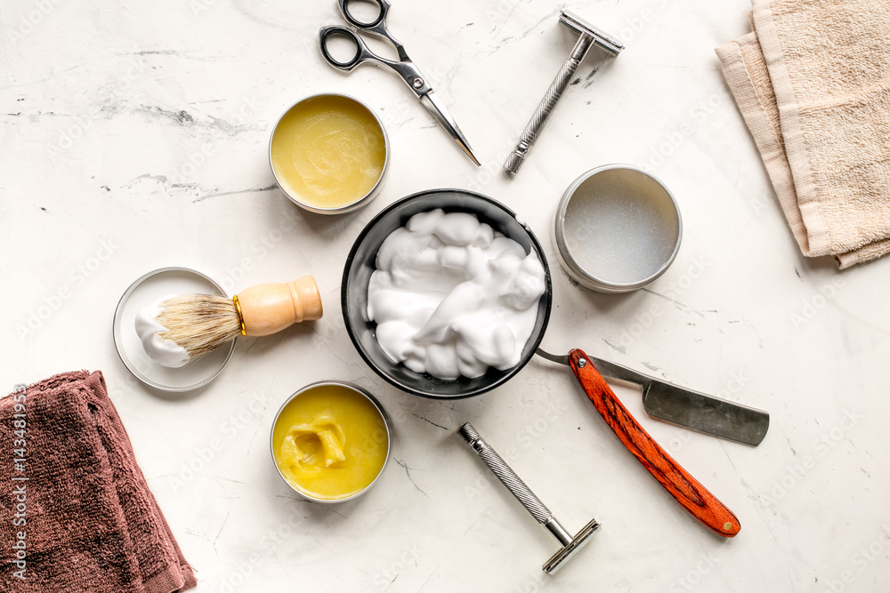 male hairdressing concept with barbershop tools on white background top view