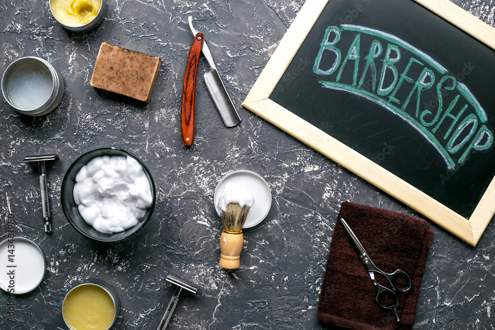 barbershop for men with tools on gray background top view