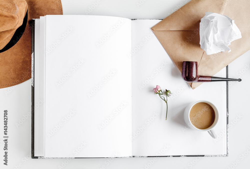 profession concept with writer tools on work desk background top view mock-up