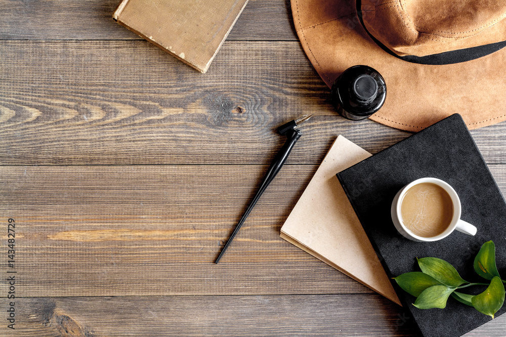 profession concept with writer tools on work desk background top view mock-up