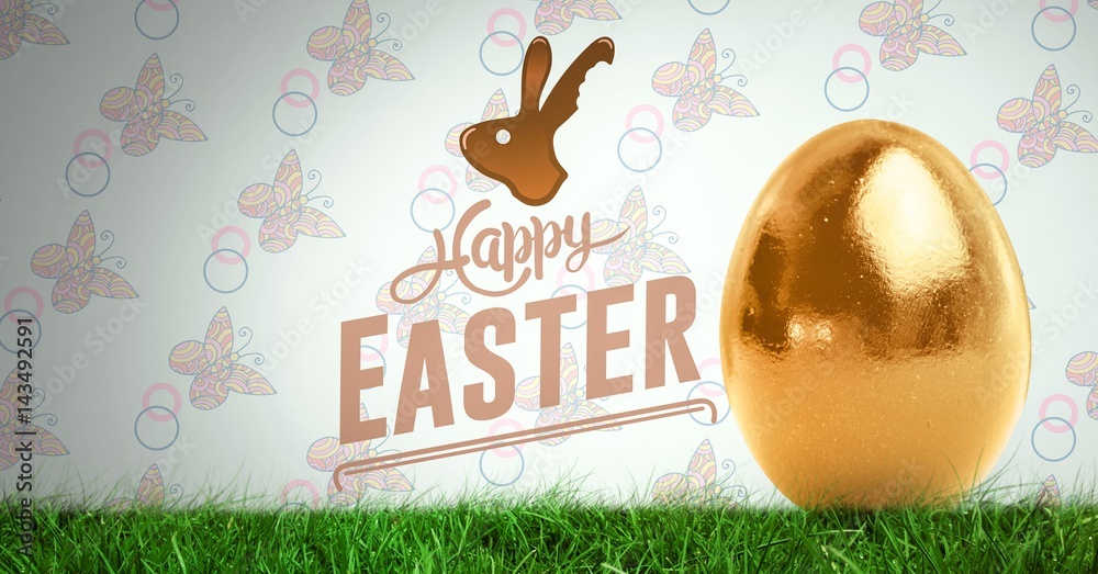 Happy Easter text with Easter egg in front of pattern