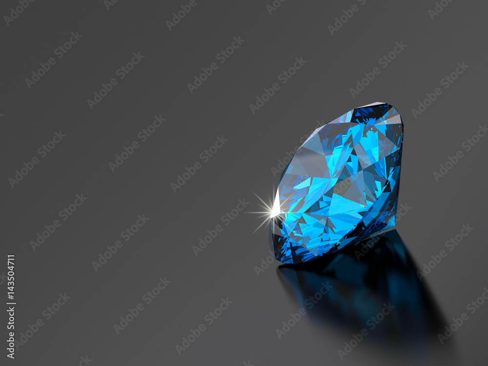 Blue diamond isolated on black background with soft light reflection. 3d