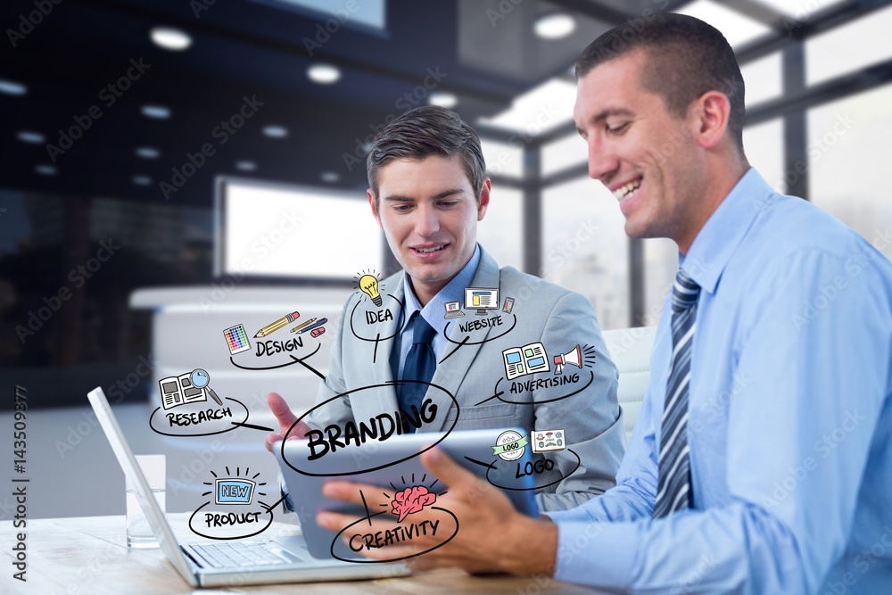 Businessmen using technologies with text and icons in foreground