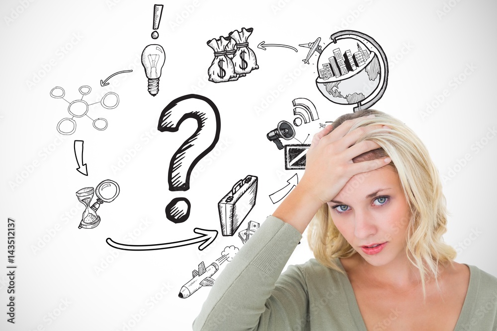 Confused woman with hand on head by icons over white background