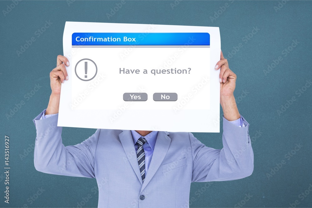 Business executive holding confirmation box sign over face